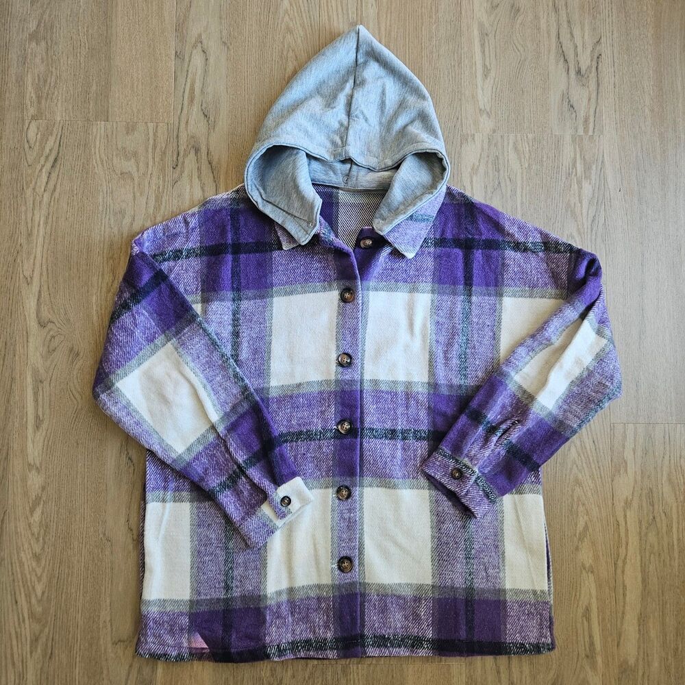 Purple White Plaid Flannel Button Up Oversized Shirt Women Medium Removable Hood